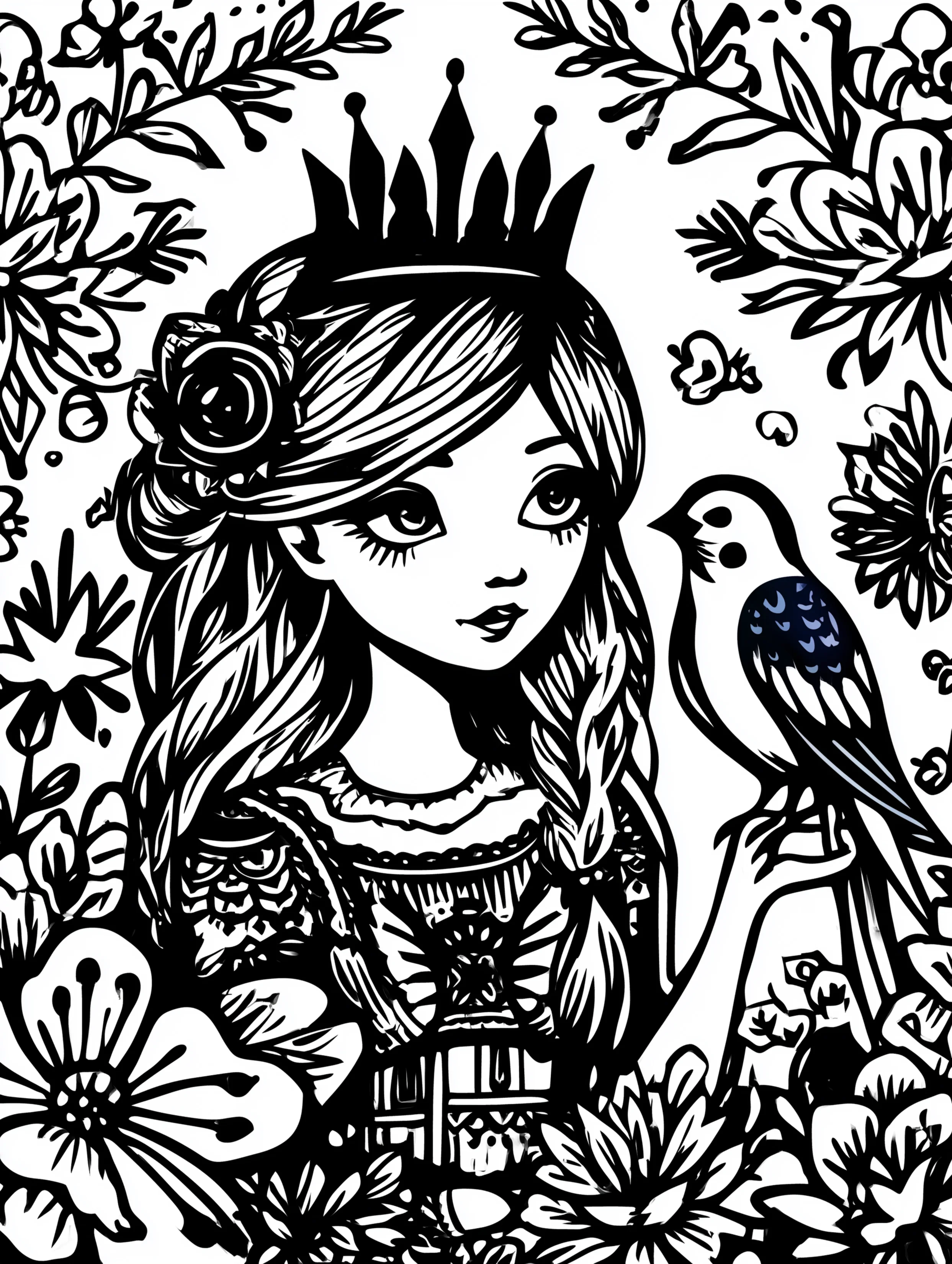 Free printable queen coloring page for adults featuring a queen with a bird companion